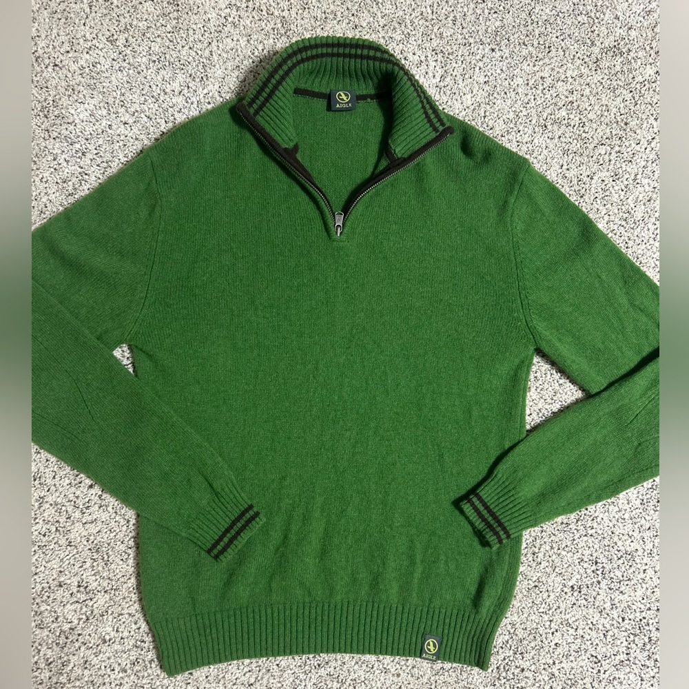 Aigle 1/4 Zip Green Pullover Sweater Size Medium 100% Lambs Wool EUC